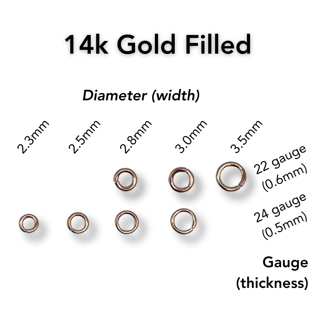 Comparison of different sizes of 14k Gold Filled Jump Rings.