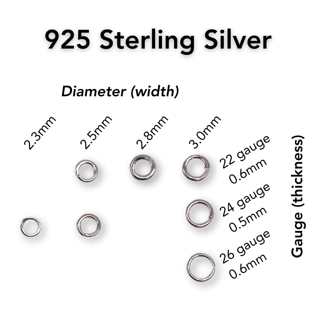 Comparison of different sizes of 925 Sterling Silver Jump Rings.