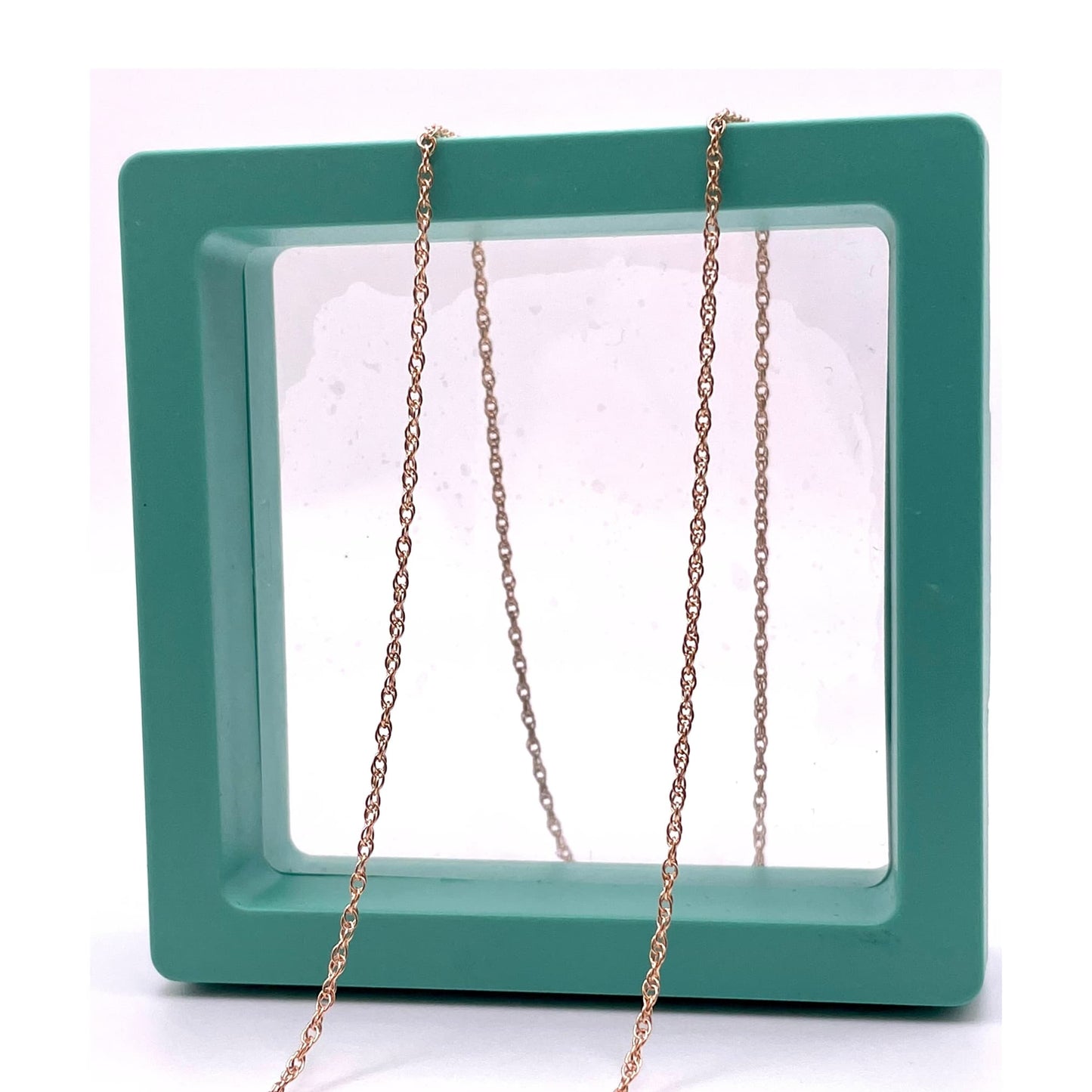 14k rose gold filled rope chain for permanent jewelry in a green hallow box.