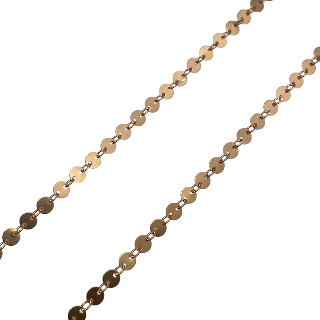 14k Gold Filled Round Sequin Disc chain in white background.