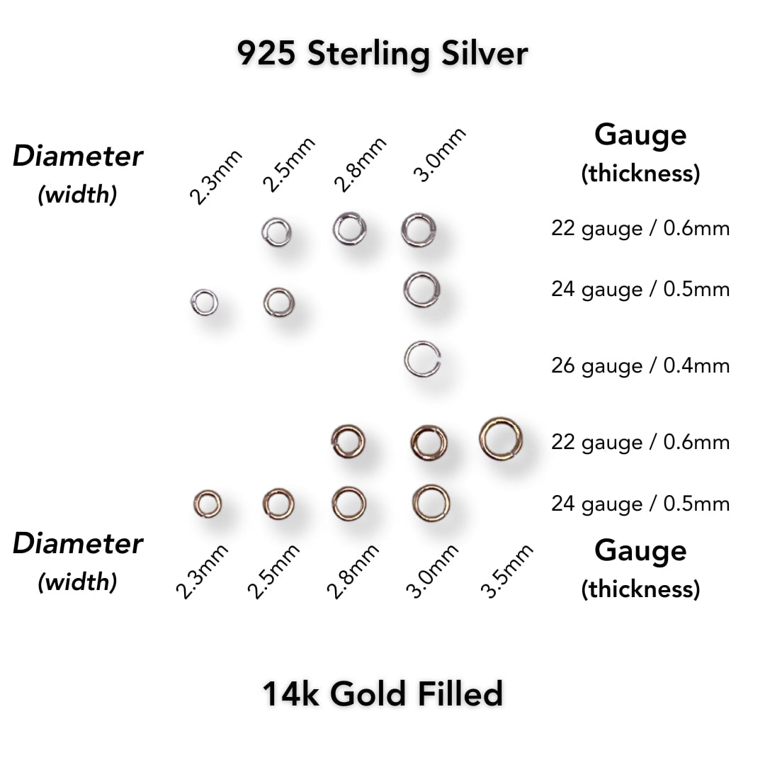Comparison of different sizes of 14k Gold Filled and 925 Sterling Silver Jump Rings.
